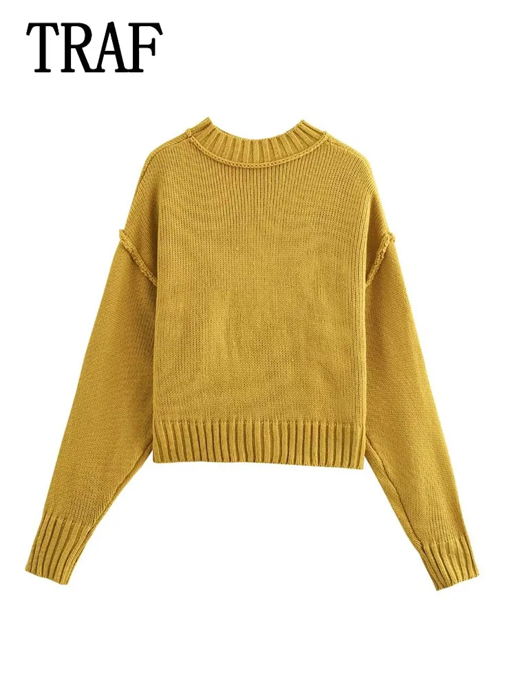 TRAF Women\'s Knitted Sweater Top New Autumn Casual Chic Fashion Casual Round Neck Long Sleeve Short Pullover Sweater Tops