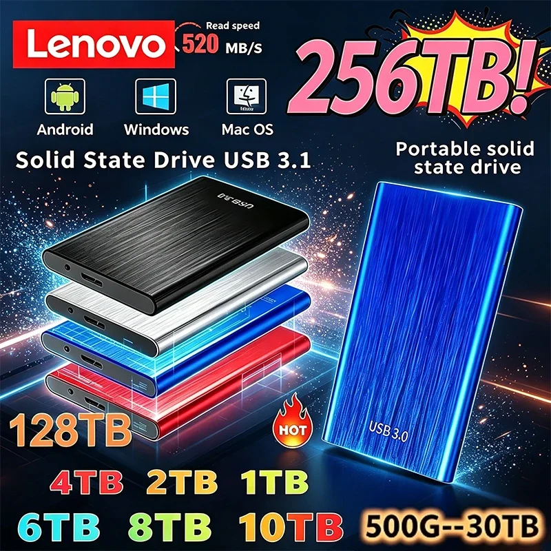 

Портативный SSD-накопитель Lenovo 256 ТБ, высокоскоростной SSD 2 ТБ, внешний жесткий диск 8 ТБ, массовое хранилище данных, интерфейс USB 3.0, накопитель для ноутбуков и компьютеров