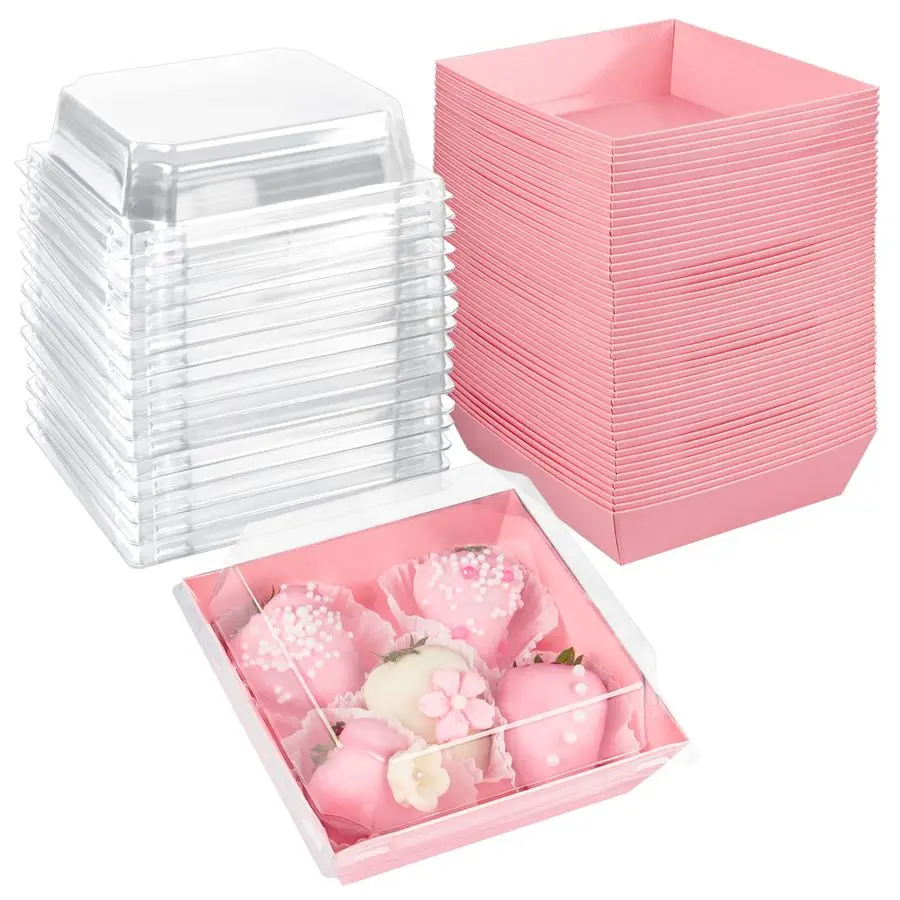 

Pink Charcuterie Boxes with Clear Lids 4x4 Inch, 100 Pack Square Kraft Bakery Cake Slice Boxes with Window, Dessert To Go Contai