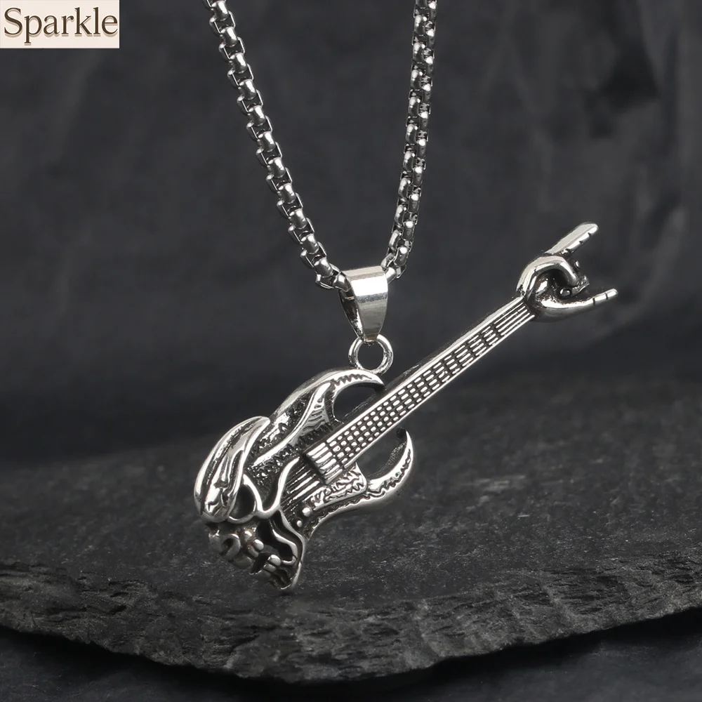 

Retro Skull Bass Guitar Pendant Necklace for Men Women Hip Hop Punk Style Hand Gesture Collarbone Chain Fashion Jewelry Y2K Gift