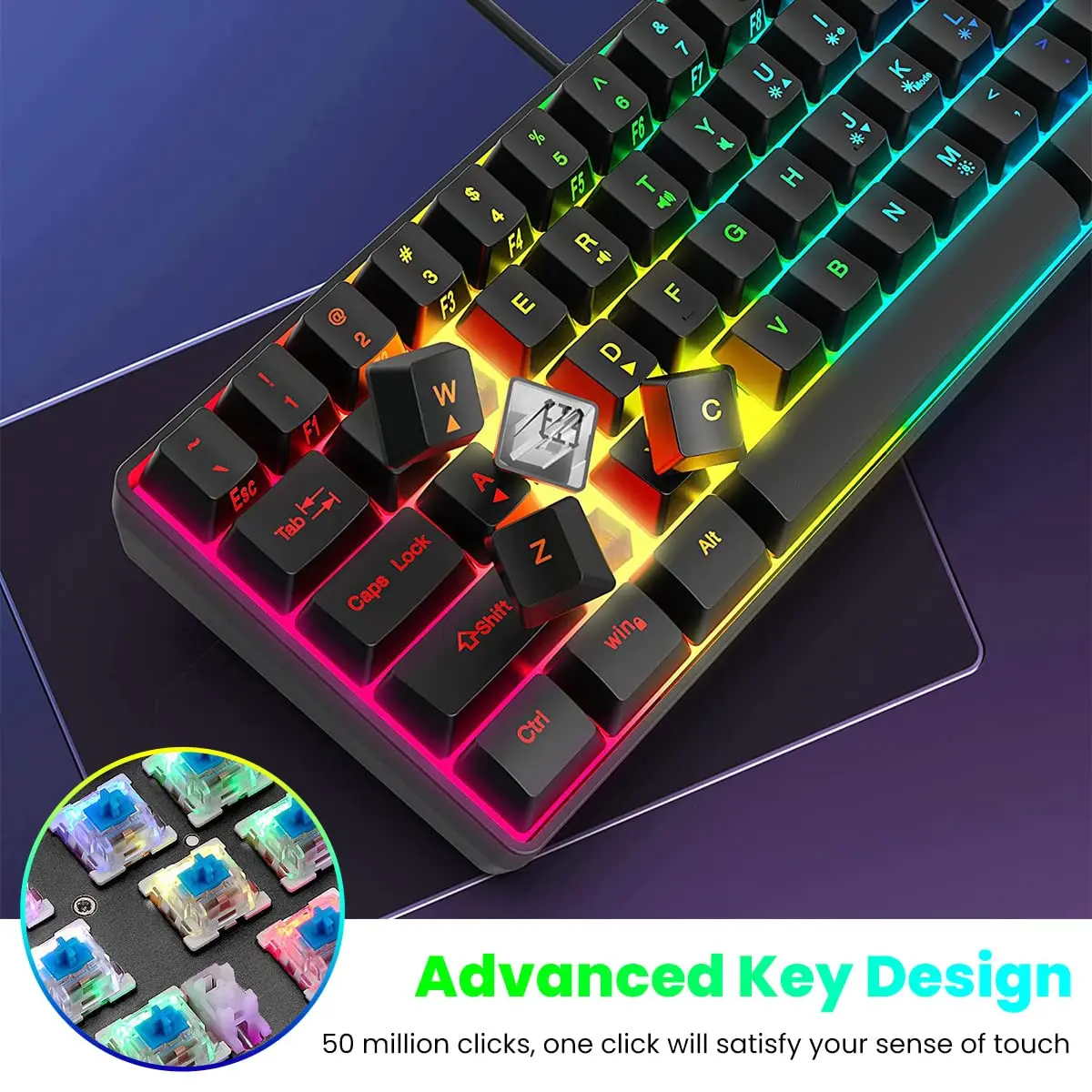61 مفاتيح RGB الخلفية 60% السلكية لوحة المفاتيح الألعاب ، مريح مقاوم للماء صغير الحجم 60 في المئة لوحة المفاتيح الشعور الميكانيكية ، للكمبيوتر