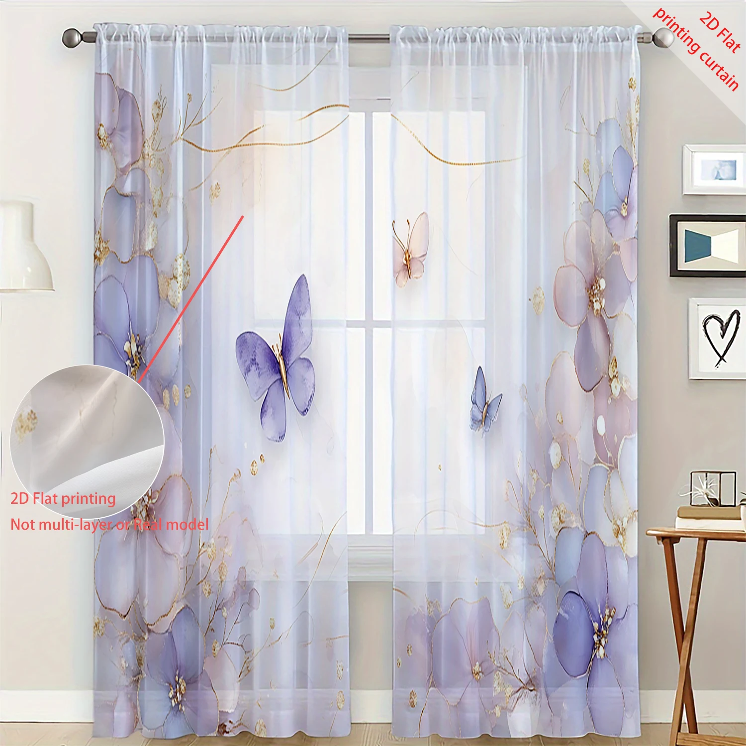 2 Stück HD Digital Bedruckter Lila Schmetterling Fenstervorhang Wohnzimmer-Dekoration