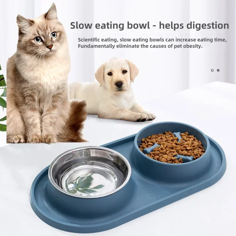 Dog Double Bowl with Silicone Mat Cat Pet Food Water Feeder Drinking Bowls Stainless Steel Anti-Choking Non-Slip Basin Dog Bowl