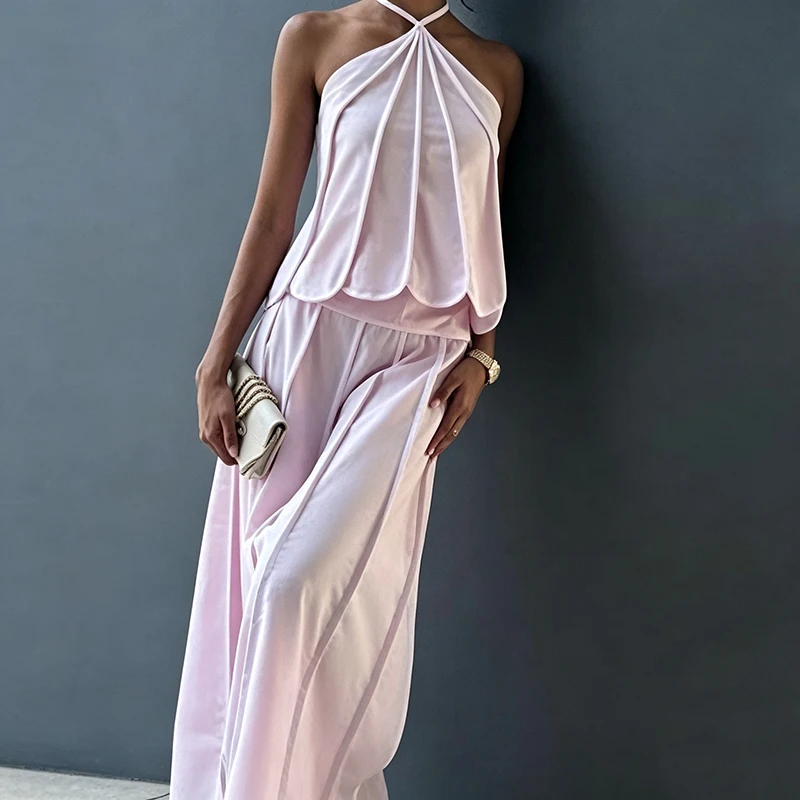 Color Blocked Slim Women Party Outfit Simple Hanging Neck Top + Long Skirt Two Piece Set Summer Hollow Out Backless Holiday Suit