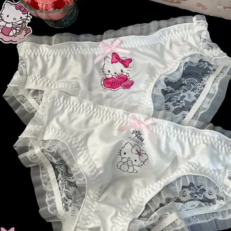 Kawaii Hello Kitty Lace Underwear Lace Sweet Printing Briefs Female Boxes Panties Underpants Clothes Girl Soft Birthday Gift