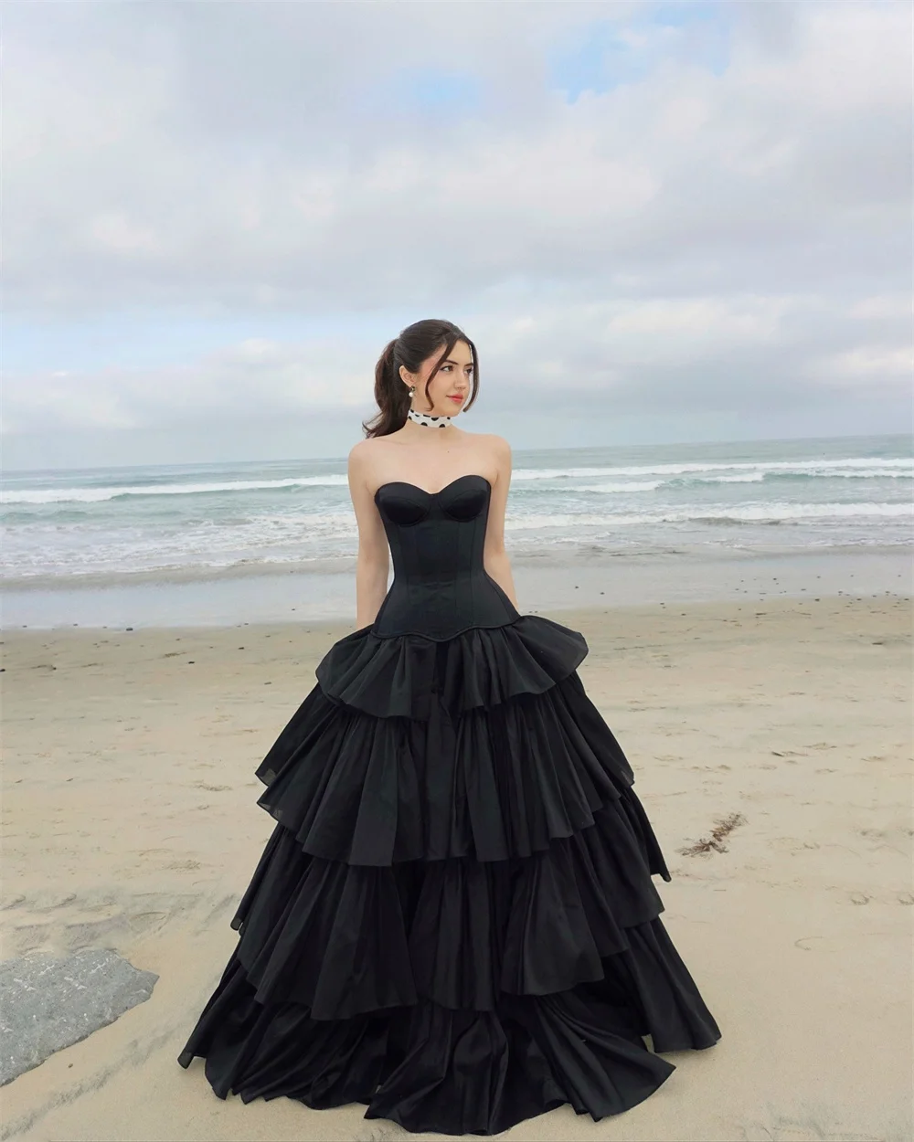 Amanda Customized Black Strapless Tiered Ruffle Prom Dress Corset Sleeveless vestidos de noche Elegant Ball Gown Formal Evening