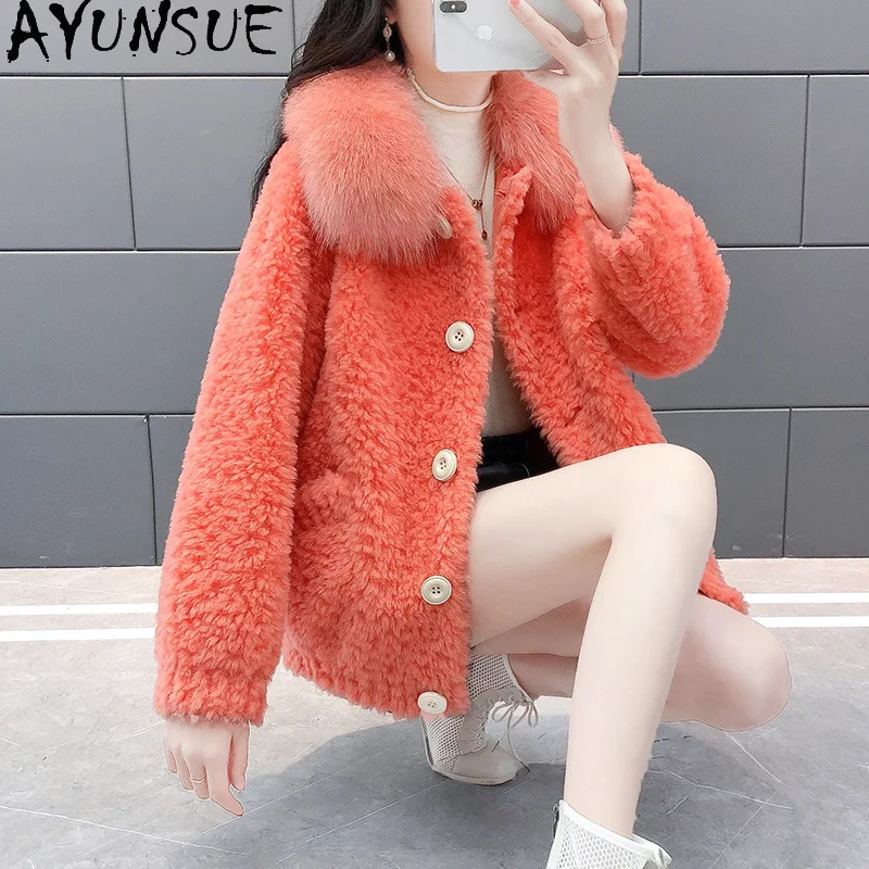 

AYUNSUE 100% Wool Coat Women Clothes 2025 Fashion Winter Jacket Grain Sheep Shearling Coats for Woman Warm Fox Fur Collar