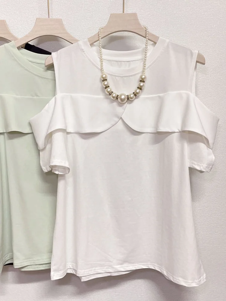 Fashion Ruffled Patchwork Sleeveless T-shirt Women Casual O-neck Off Shoulder T Shirt Female 2023 Summer New Trend Tops Y834