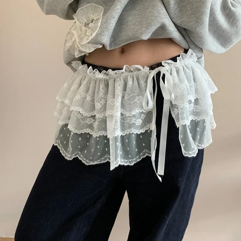 

Милая женская корейская юбка в стиле Ins с кружевной отделкой, занавеска, милые аксессуары на талии для девочек, юбка с цветочным принтом в горошек Y2K