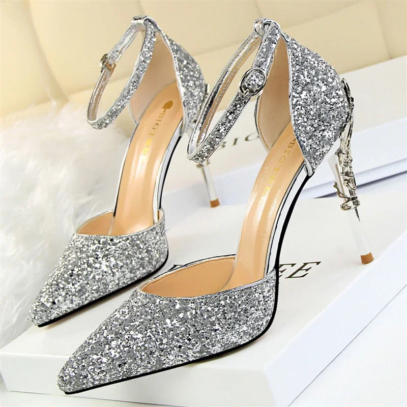 Spring Summer Golden Glitter Sequined Women Pumps Elegant Thin High Heels Fashion Ankle Strap Party Wedding Bridal Shoes