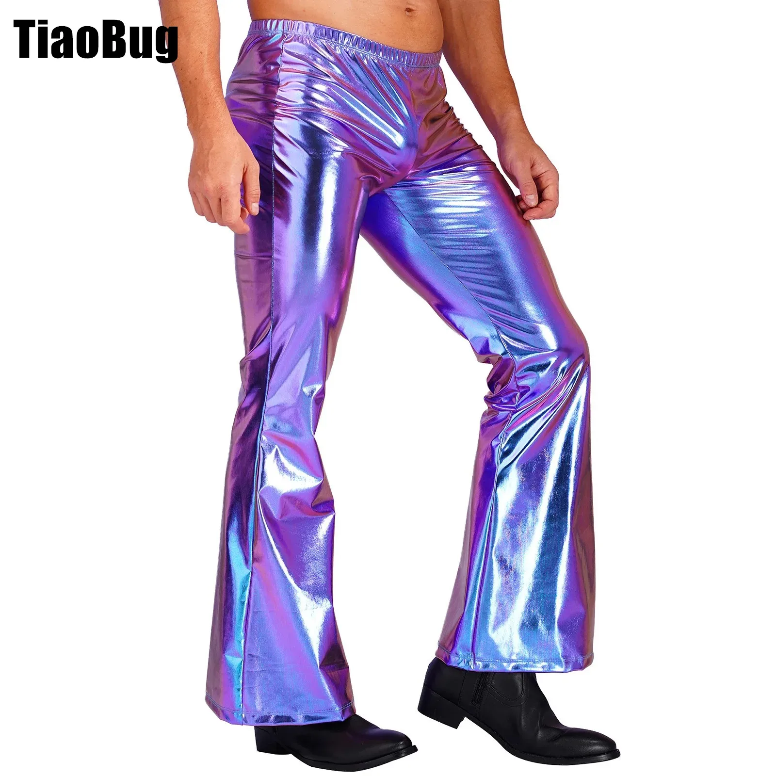 

Adult Mens Shiny Metallic Disco Pants with Bell Bottom Flared Long Pants Dude Costume Trousers