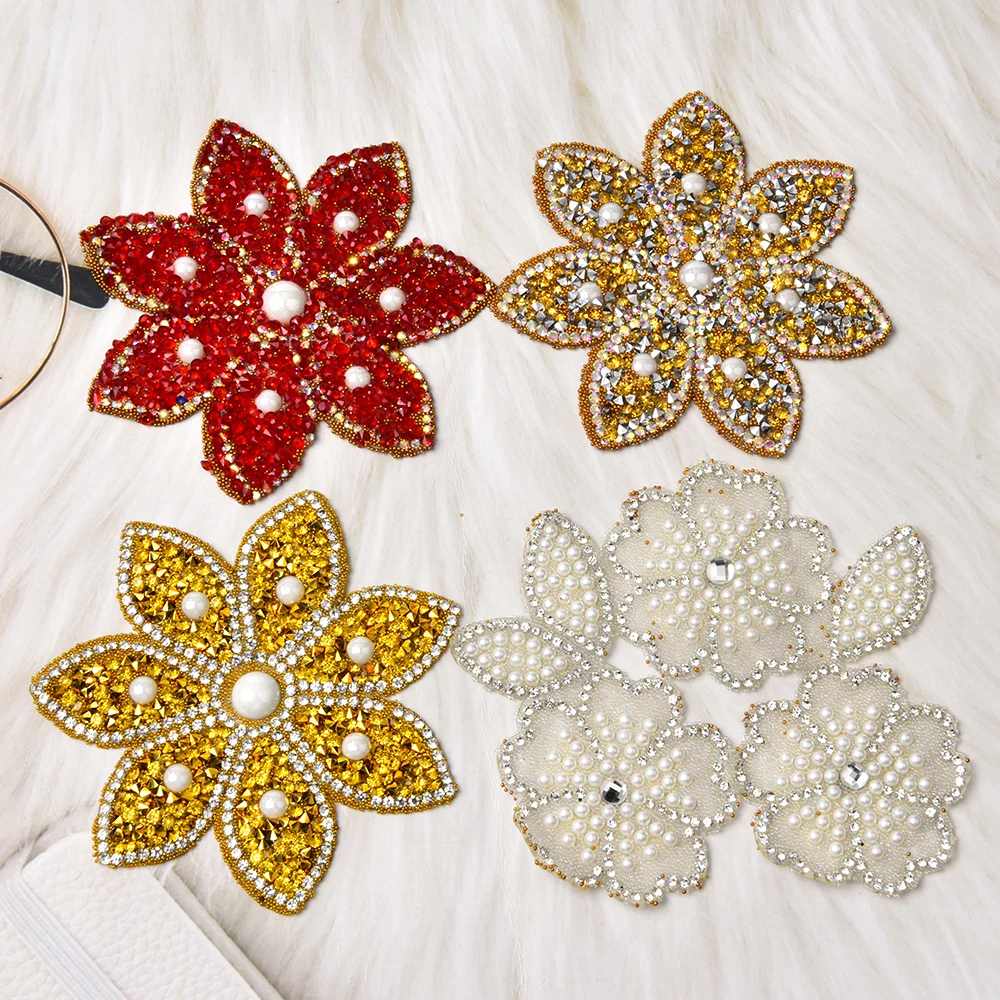 5pcs Pearl Caviar Beads Rhinestone Flower Motifs Patches Applique Iron On For Clothing Sticker Diamond Accessories