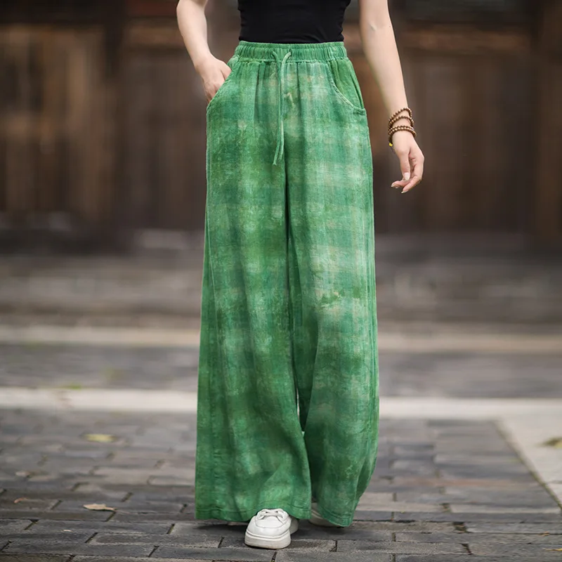 Autumn Cotton Linen Women's Pants Original Plaid Print Loose Wide-Leg Trousers