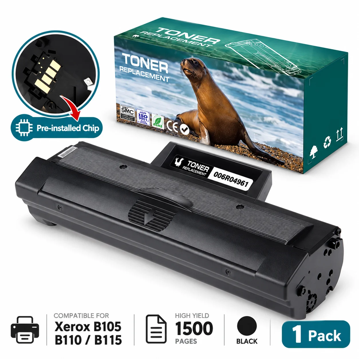 006R04961 Toner Cartridge with Pre-installed Chip, Compatible for Xerox B105 B110 B115 Printers, Black High Yield 1500 Pages