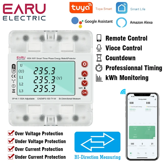 3-fazowy 380V 100A Tuya WiFi Inteligentny dwukierunkowy licznik energii kWh Przekaźnik zabezpieczający przed przepięciem Ograniczenie prądu