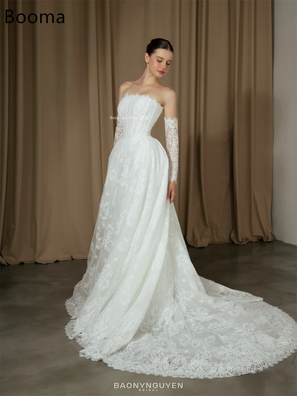 Booma A-Line senza spalline in pizzo principessa abiti da sposa lunghi applicazioni in pizzo senza maniche abito da sposa su misura 2025