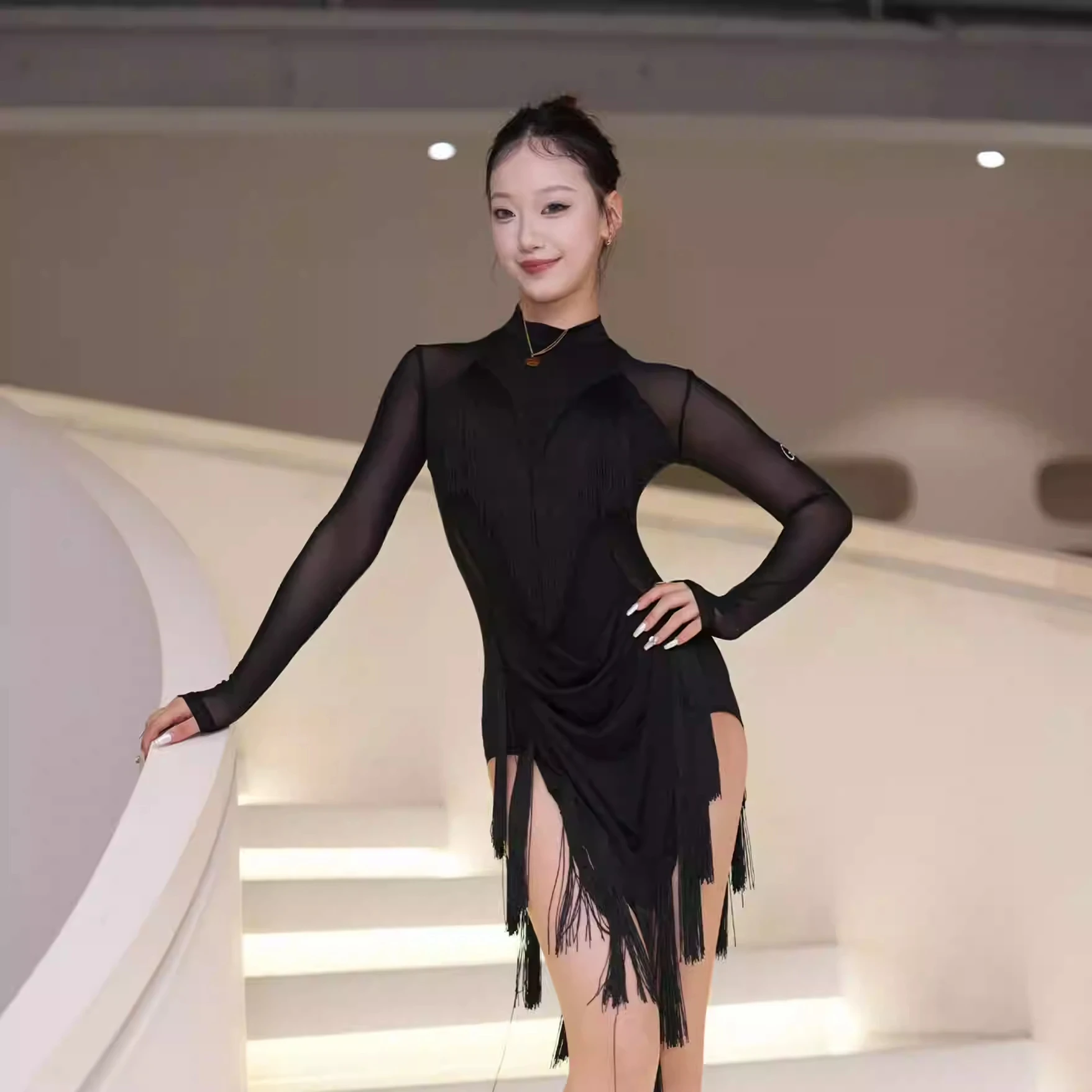 

Женское осенне-зимнее платье с длинными рукавами и бахромой для выступлений, сальма, румба, чача, танго, профессиональная одежда для соревнований