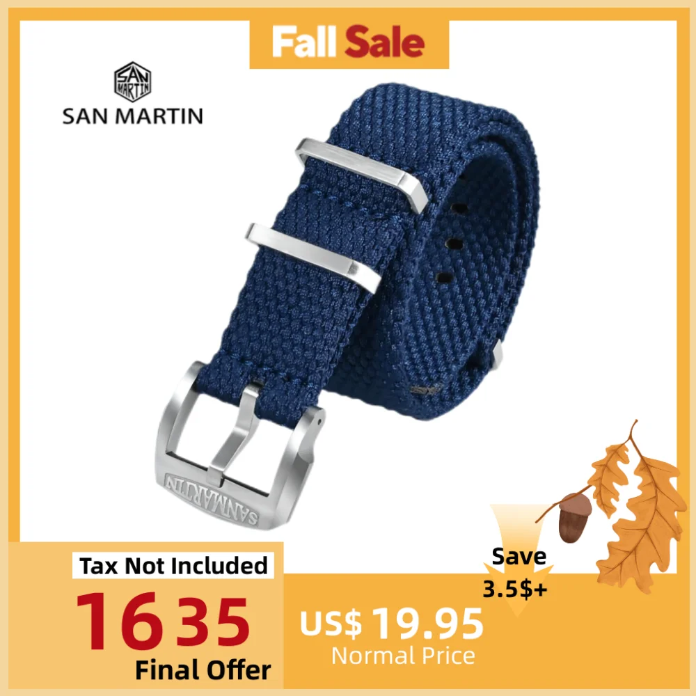 

San Martin Braided Linen Watch Strap 22mm 20mm Paratrooper Watchband Fabric Watch Band Buckle Belt Breathable BD0012
