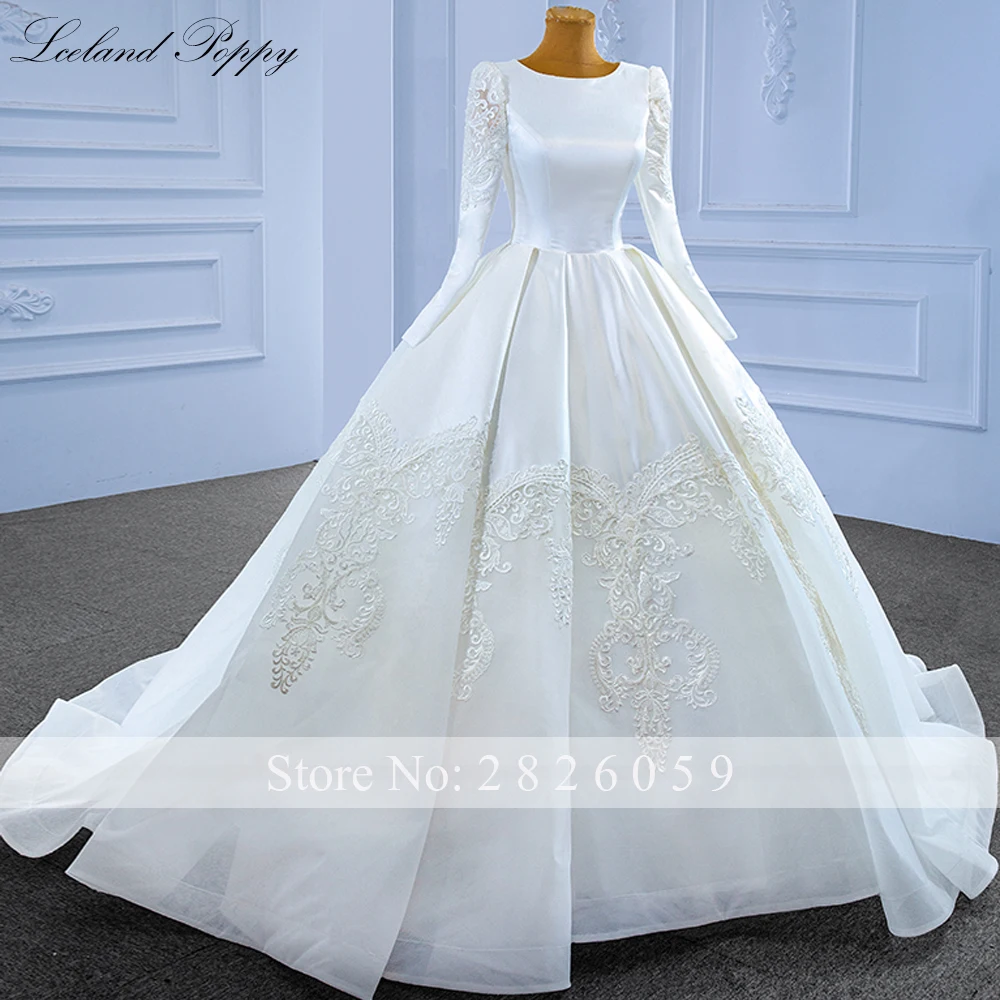 Lsland Poppy frauen Ballkleid Satin Hochzeit Kleider Lange Ärmeln Bodenlangen Spitze Appliques Brautkleider mit Korsett Zurück