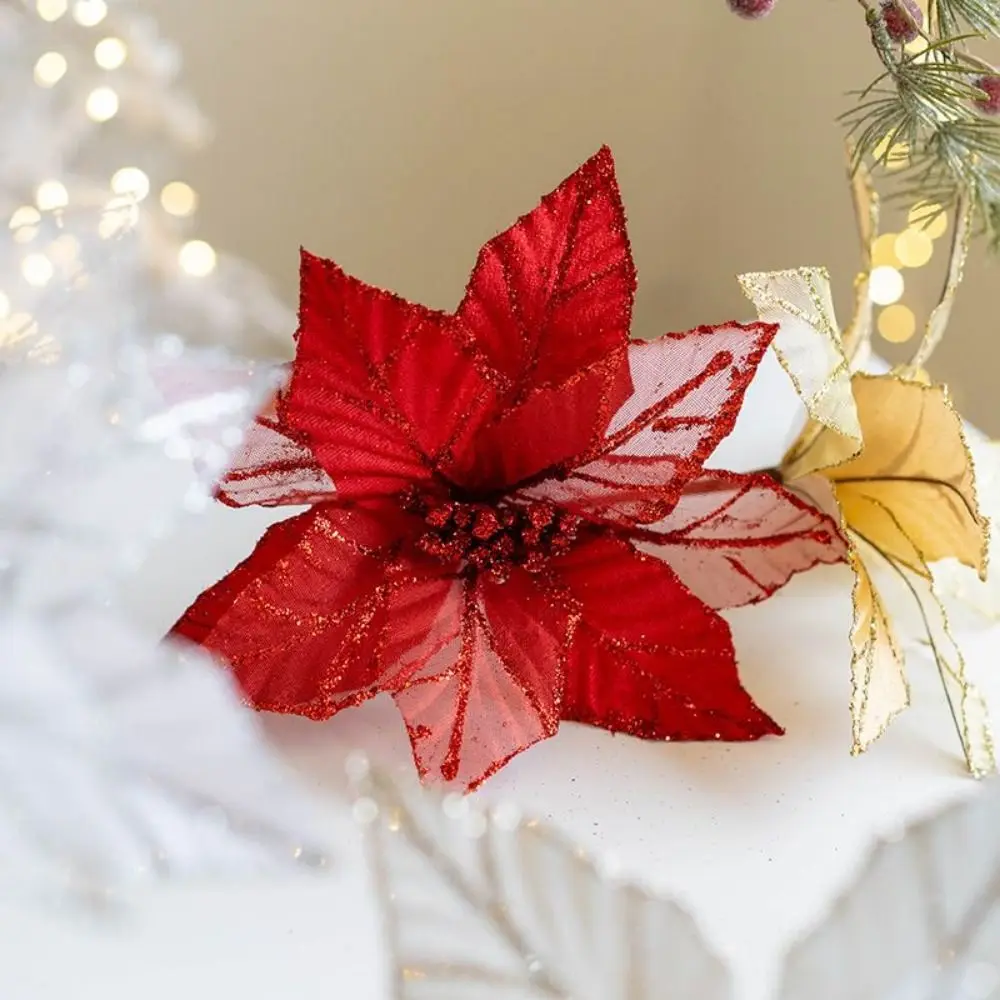 

Fashion 3D Artificial Christmas Flowers Handmade DIY Glitter Fake Flowers Shiny Christmas Ornaments New Year