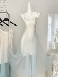 Summer Mesh Prom Gown Spaghetti Strap Long Wedding Dress Women 2000s Aesthetic Frock One-Piece Fairy Core Trendy Elegant Luxury