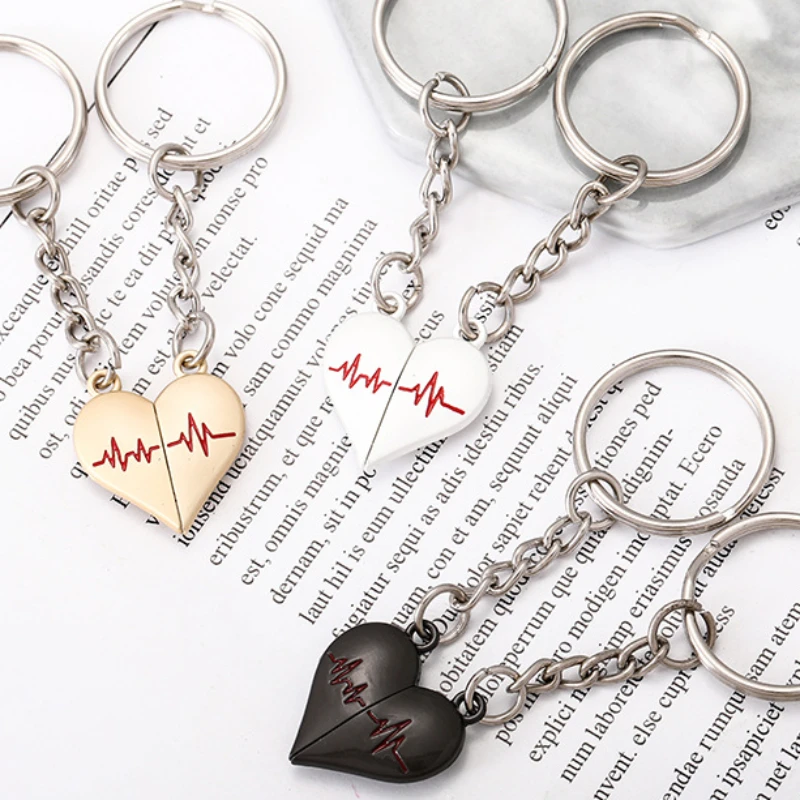 2 Pcs Love Heart Electrocardiogram Couple Magnetic Suction Keychains 1 Pair Heartbeat Magnet Keyrings Backpack Bag Pendant Gift