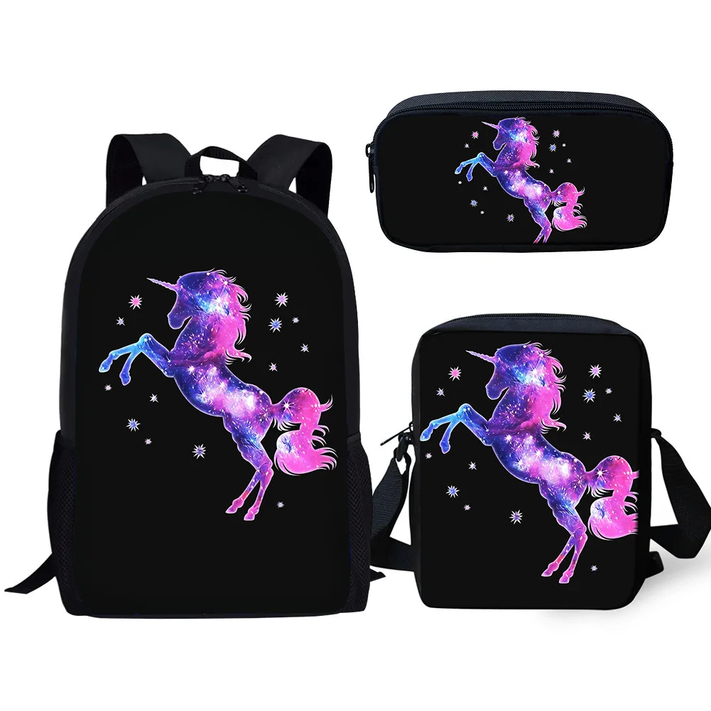 3Pcs Cartoon Cool Rainbow Unicorn Print Student School Bag Set Boys Girls Daily Casual Campus School Bag Lunch Bag Pencil Bag