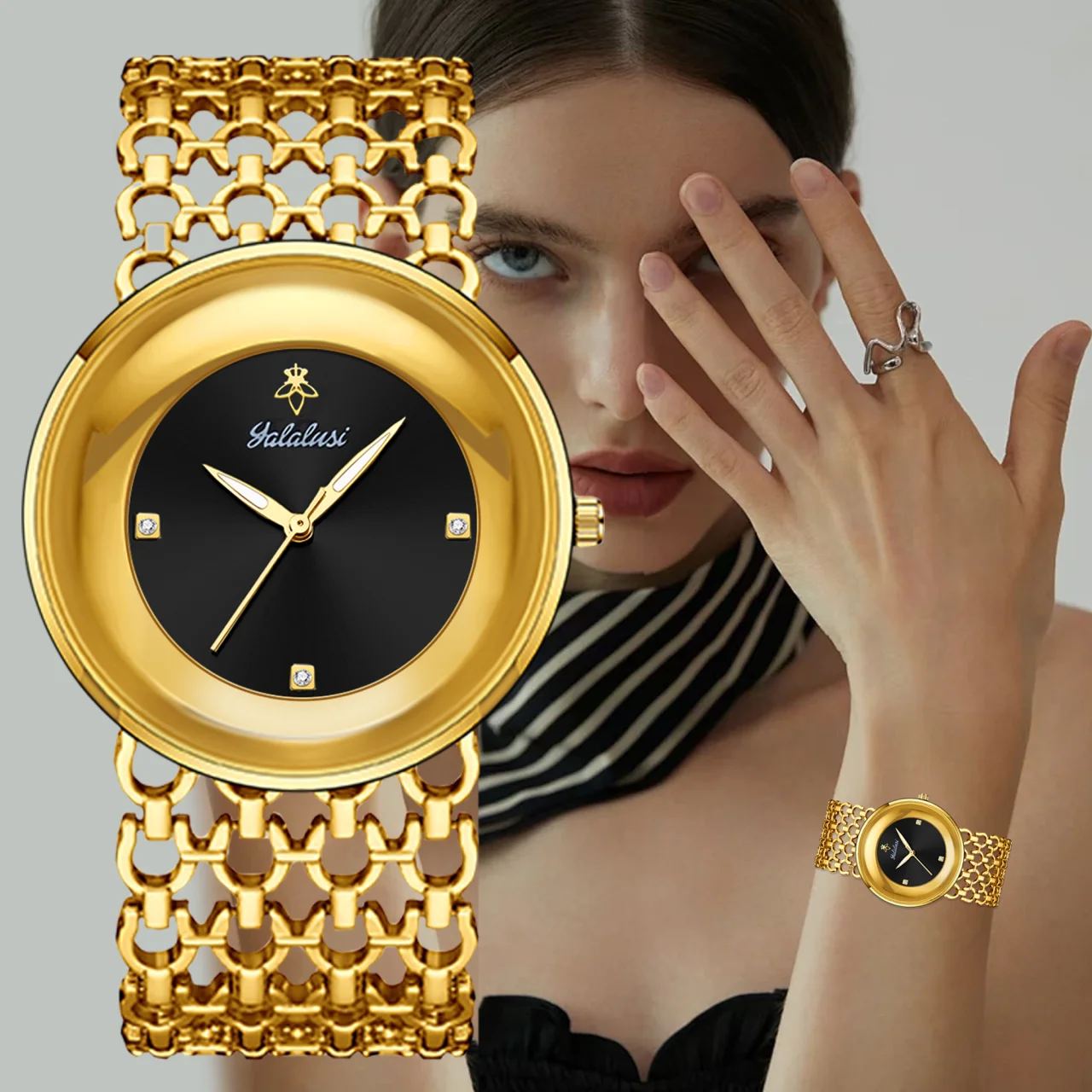 YaLaLuSi Elegant Gold Ladies Wristwatch Ultra-Thin Smooth Round Frame 3 Crystal Index Minimal Dial Hollow Breathable Chain Metal Band Fashion Quartz Watch For Daily Work Banquet