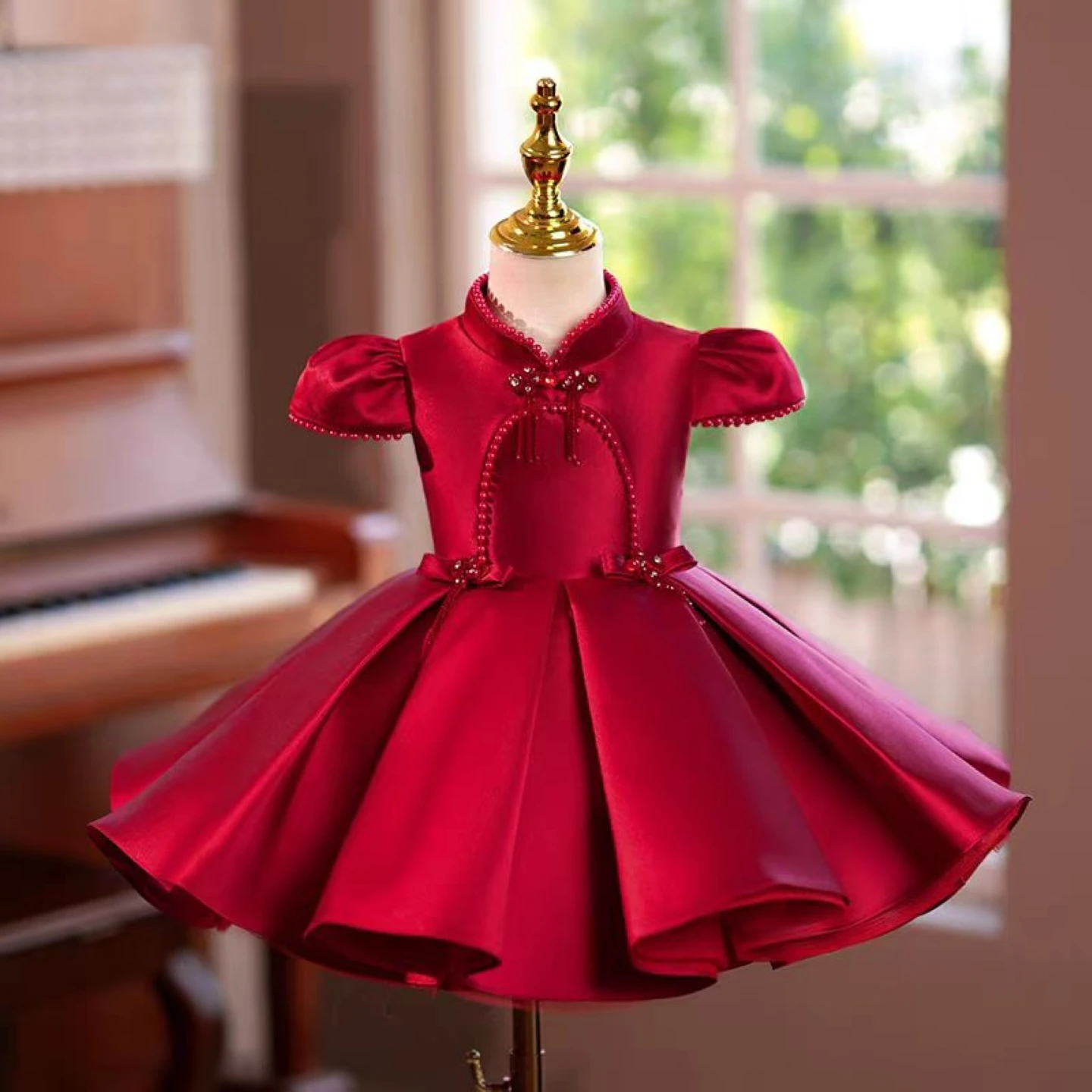 Dreamy Vow Graceful Burgundy Beige Girl Dress for Kids Wedding Birthday Party Holiday Princess Knee Length Ball Gown J746