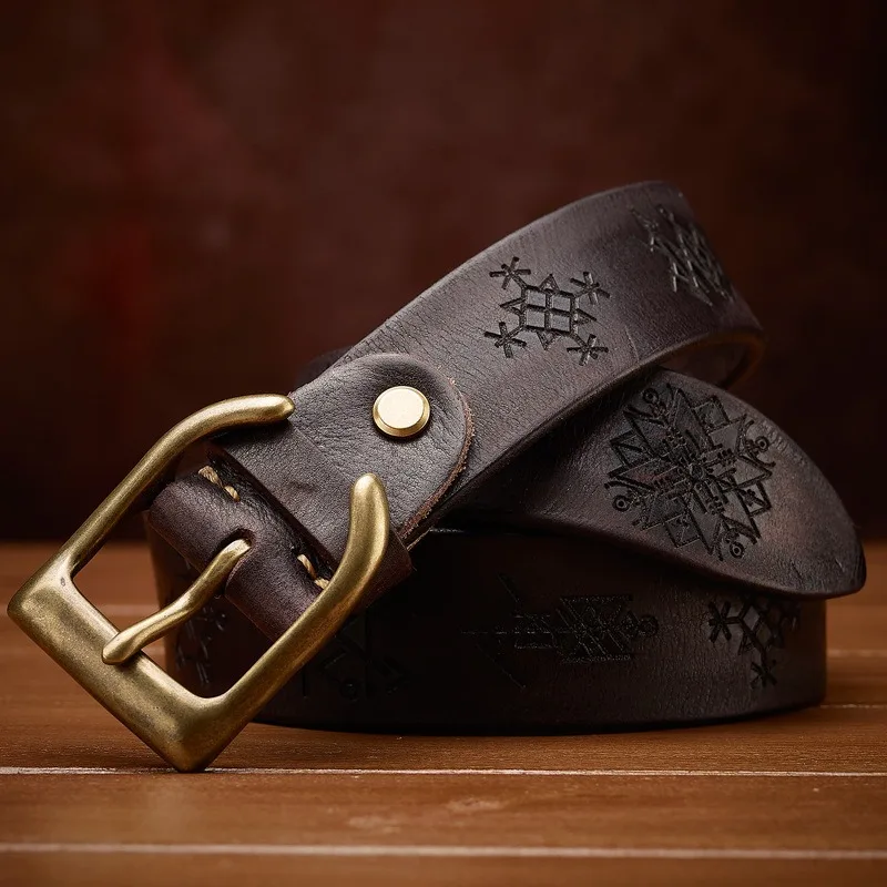 اضافية سميكة جلد البقر شخصية النحاس القرن على شكل مشبك رئيس حزام رجالي الرجعية النقش محظوظ رمز حزام البنطال الجينز