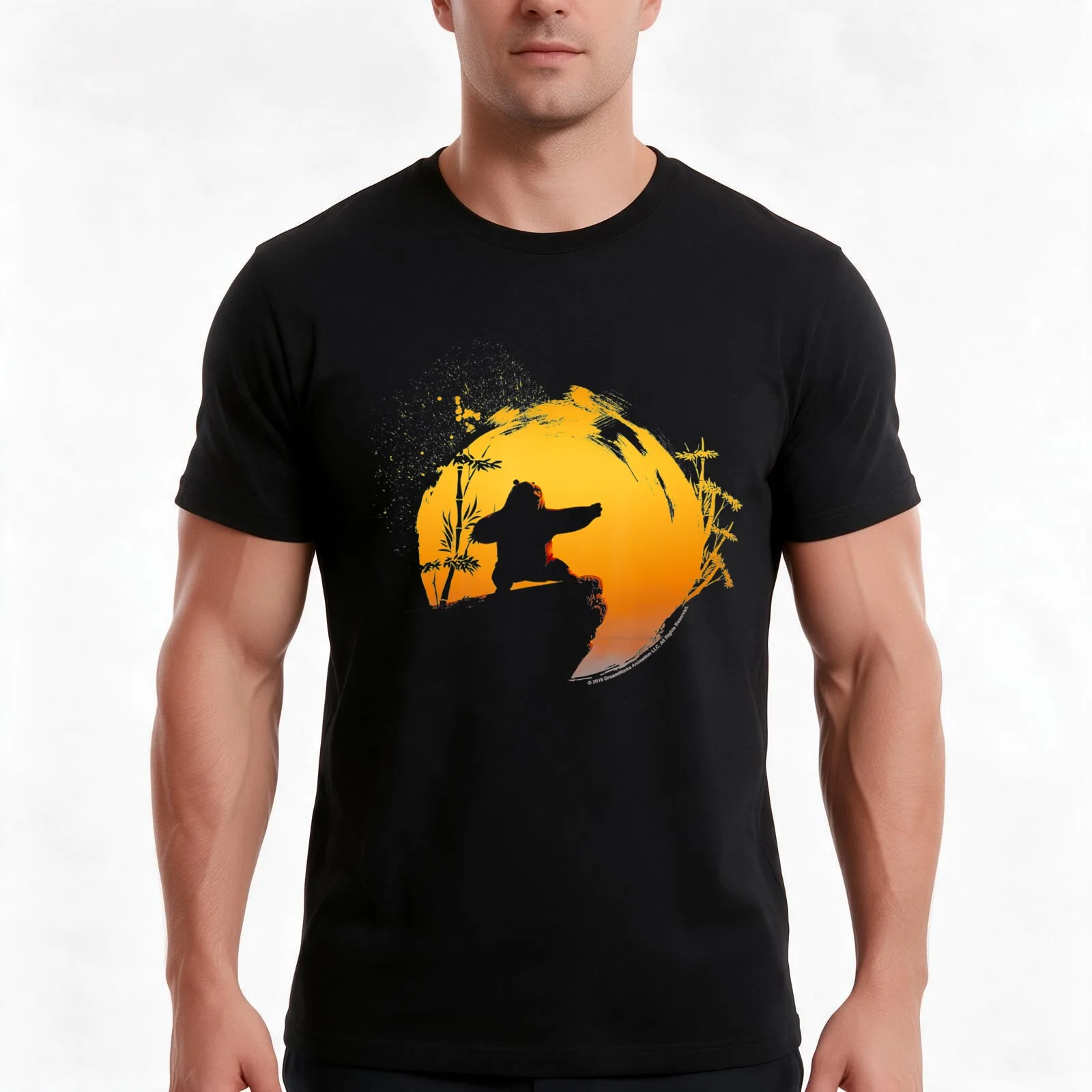 Camiseta con estampado de silueta de oso Kung Fu Po Tai Chi al atardecer, camiseta de algodón para uso diario en verano, camisetas de estilo urbano de corte amplio, estampado gráfico de estilo vintage.