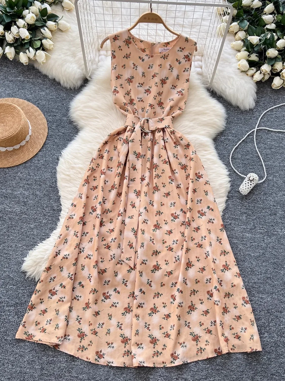 Summer Vintgae Women Floral Printed Long Dress Elegant Round Neck Sleeveless High Waist A-Line Casual Vestidos Female Robe New