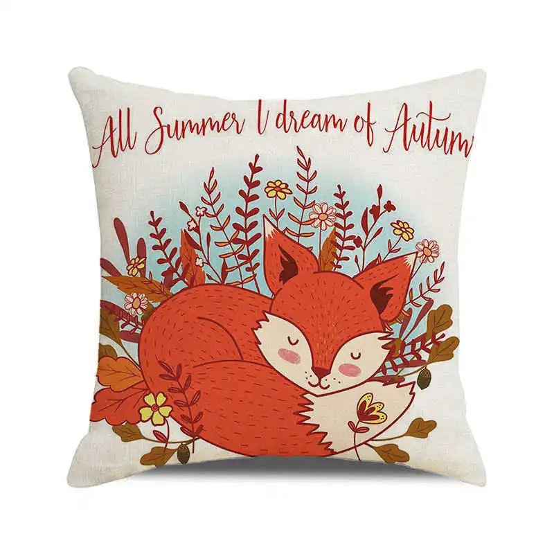 Autumn Thanksgiving Cushion Cover 45x45 cm Home Decorative Linen Pillowcases Cute Animals Fall Defoliation Printed Pillow Cover