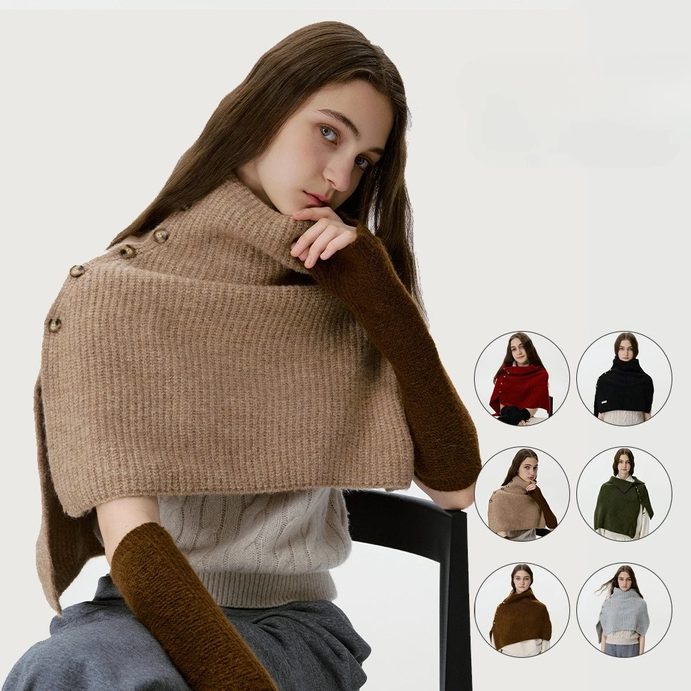 

Корейский модный ретро вязаный шарф с капюшоном на плечо, теплая накидка, верхняя одежда, шейный платок, зимний шарф для женщин, аксессуар