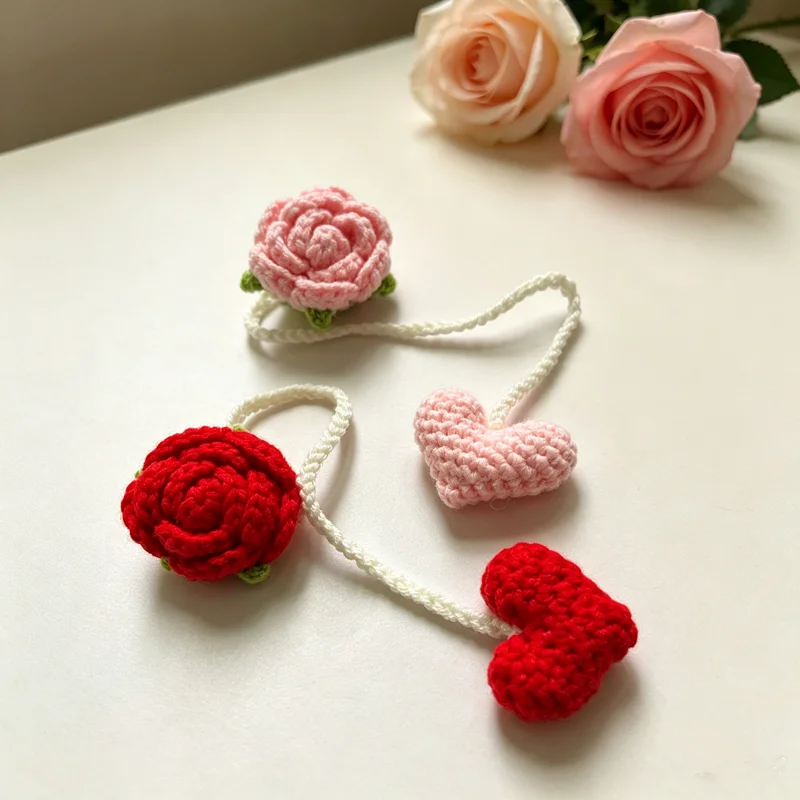 Handmade Crochet Rose Heart Multifunctional Pendant Bookmark, Knitted Flower Keychain Bag Charms, Aesthetic Reading Page Marker,
