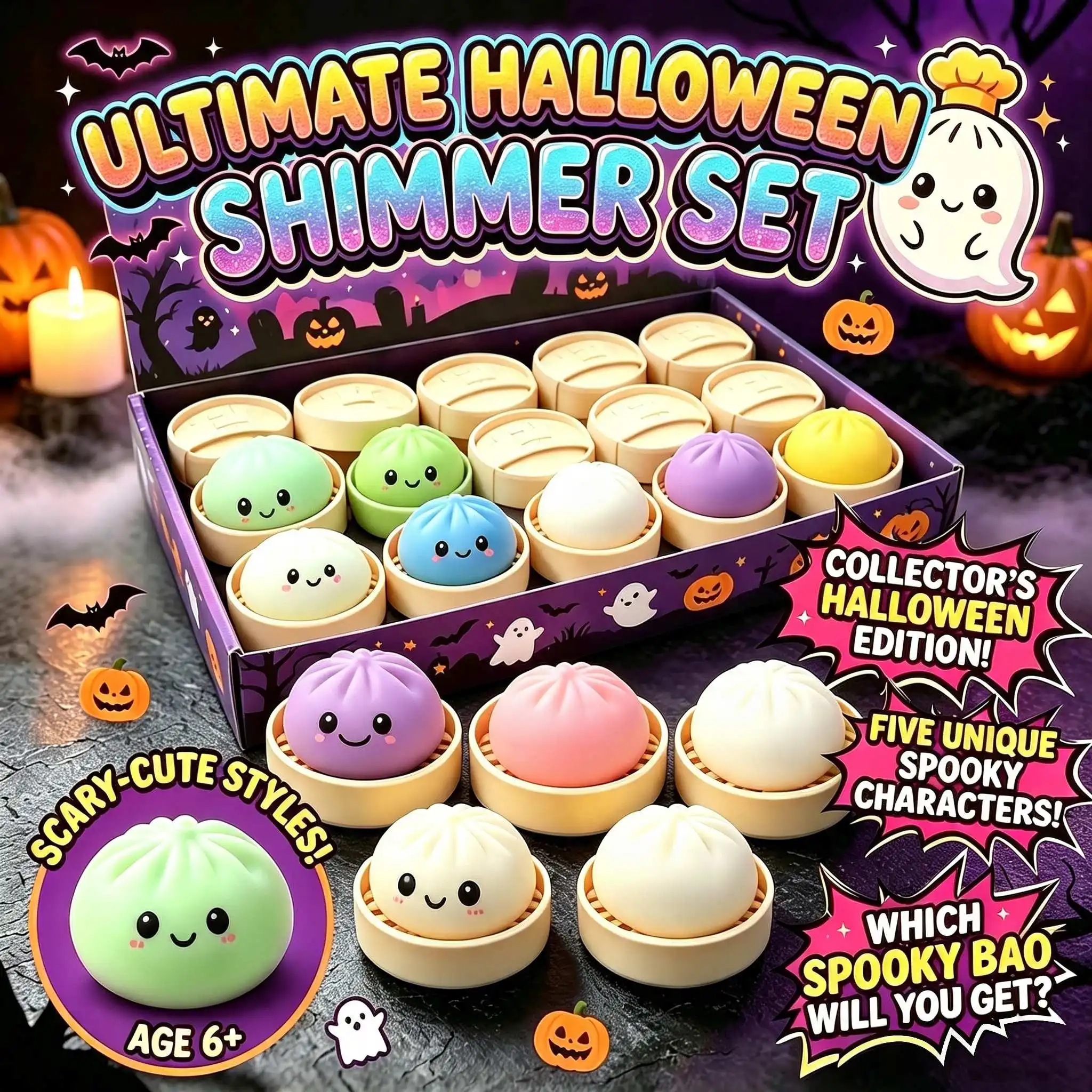 Halloween Bun Set of 18 (6 Buns+6 Steamers+6 Steamer Lids), a portable tabletop travel decompression toy, cute collectibles and trick or treat bag fillers, a great choice for party gifts