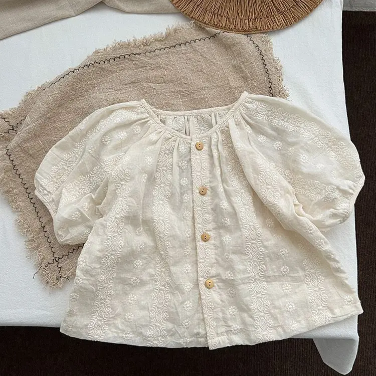 Girls Summer Short Sleeve Shirt New Kids Cute Baby Girl Crew Neck Embroidery Unique Nature Doll Blouse Y2K Korean Baby Tees