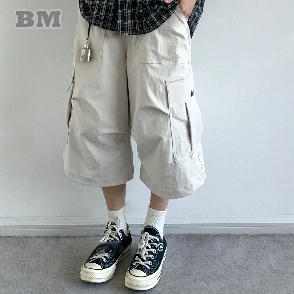 

Японские шорты-карго унисекс для мужчин и женщин, летние 6-дюймовые прямые повседневные брюки, плиссированные уличные брюки с несколькими карманами, модные однотонные