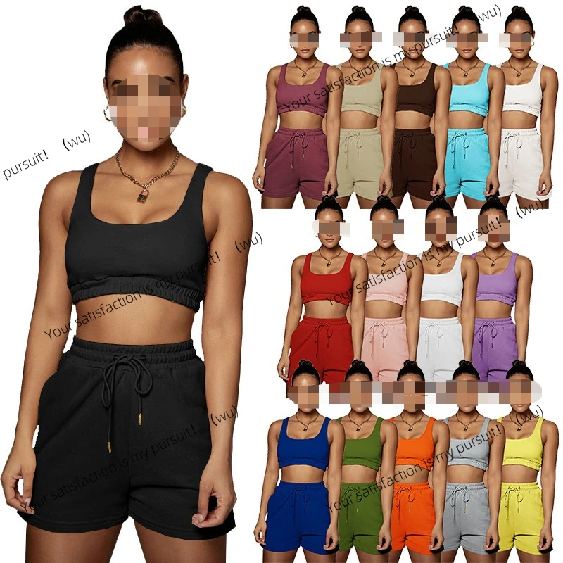 

European and American women's clothing, solid color double-layer vest, shorts, sports exposed navel set