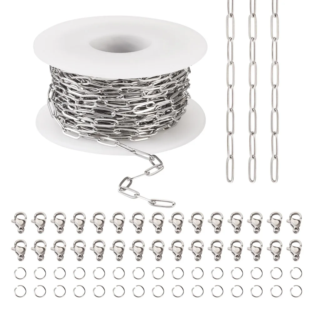 10m 304 Stainless Steel Paperclip Chains Oval Cable Chains Links with Lobster Claw Clasps Jump Rings for DIY Jewelry Making Kit