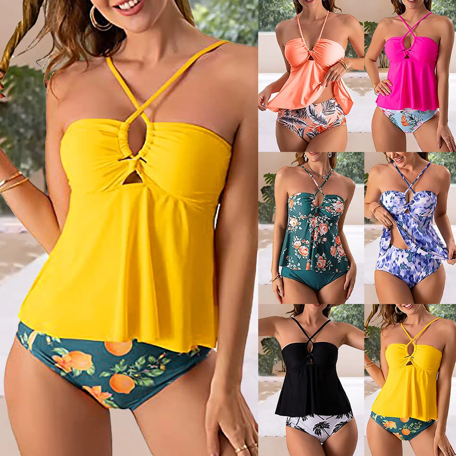 Swimsuit 2024 Trendy Women Swimwear Summer New Fashion Printed Hanging Neck Bikini Tankini Swimsuit Sexy Hollow Cross Beachwear