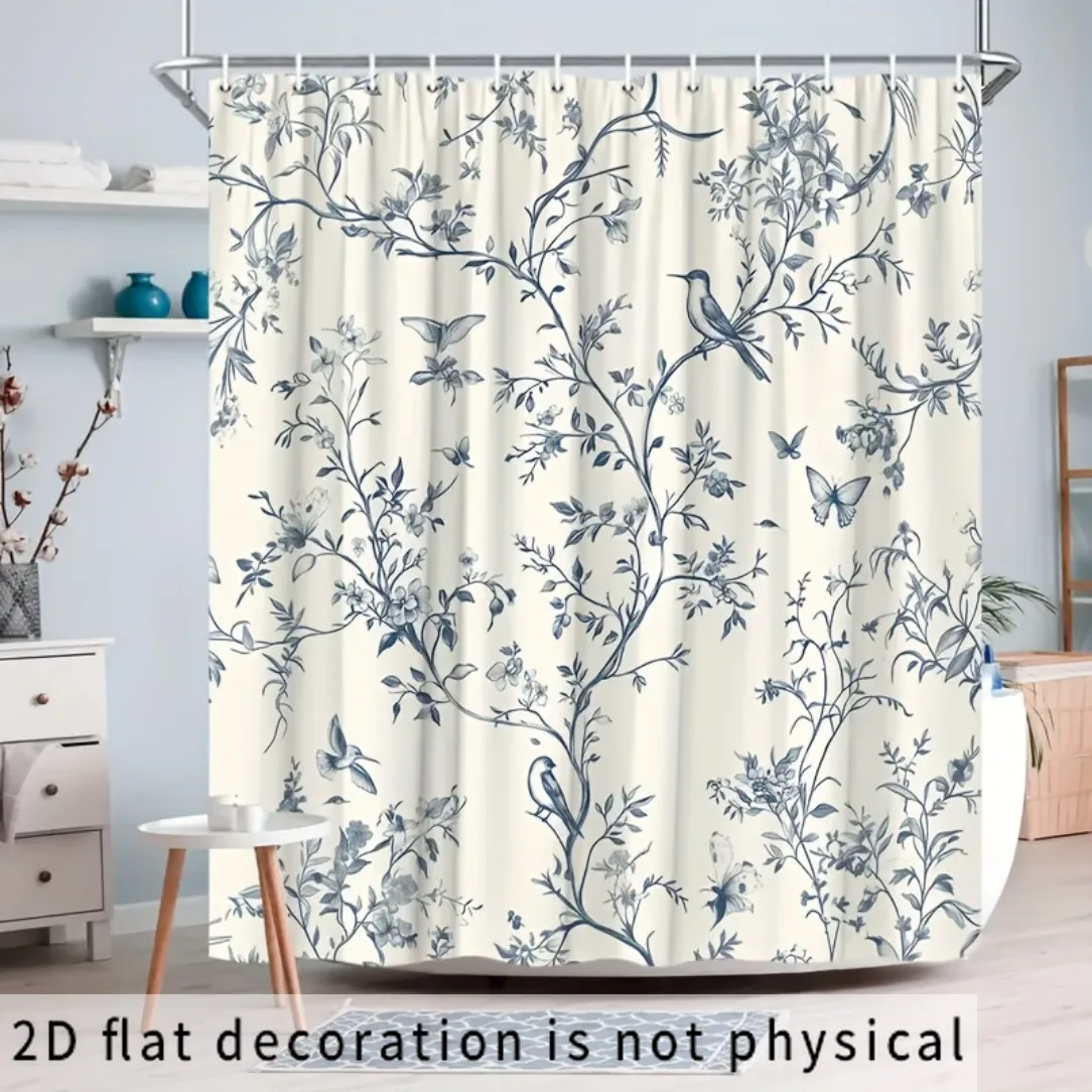 2D Flat, 2D Flat, 2D Flat Shower Curtain 1pc Fresh Blue White Floral Bird Butterfly Pattern Shower Curtain, Fresh Ins Style Desi