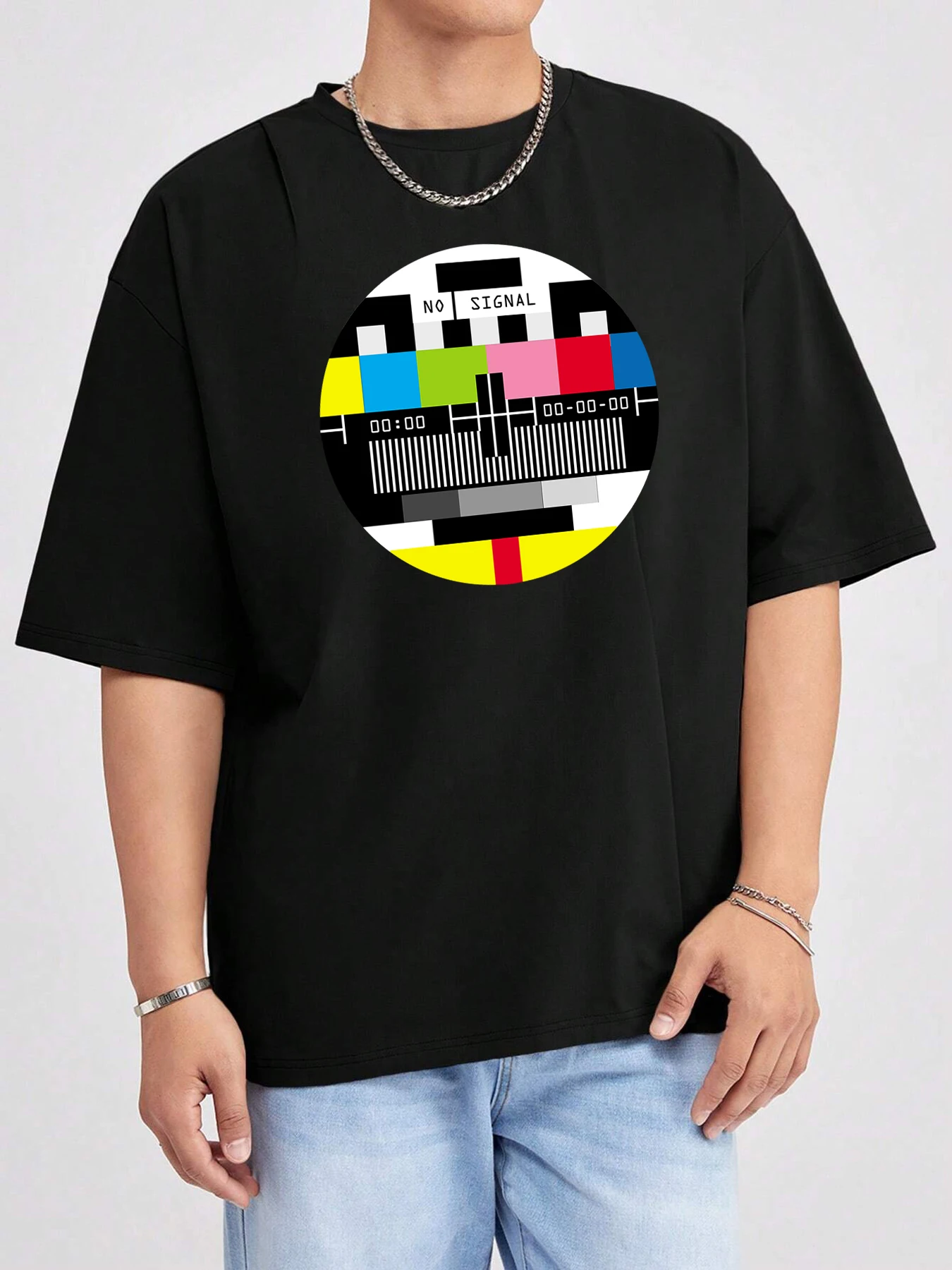 No Signal Tv Picture Pattern Clothing Mens Summer Comfy Tops Loose Cool Short Sleeve Cotton Breathable Shirts Casual Fashion Tee