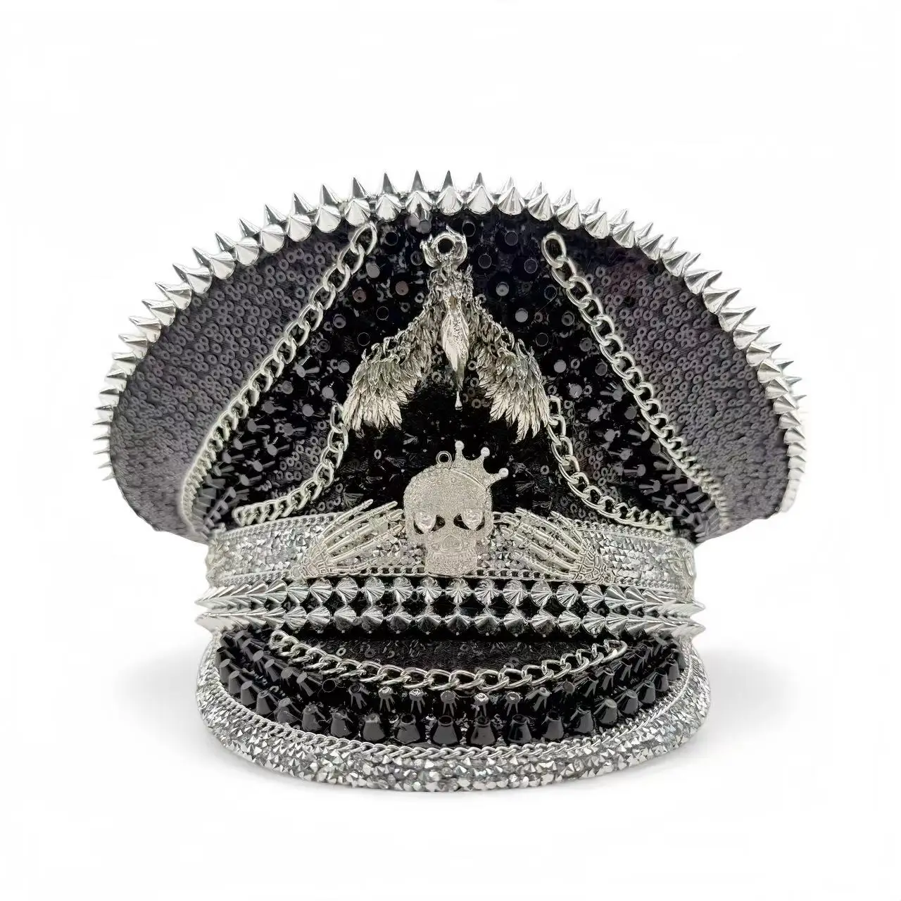 HongLuan gele laser lederen lus kapitein hoed strass & militaire petten voor dames, Rave Festivals accessoires & feestpet man