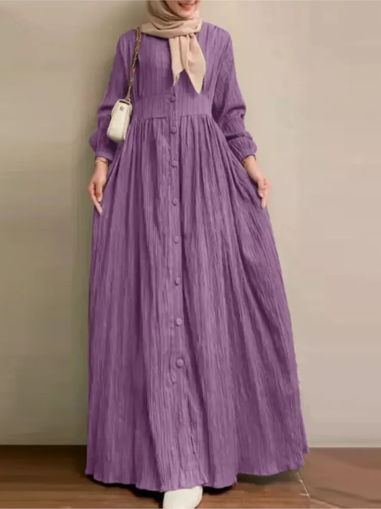 

Woman's Muslim Solid Color Loose Robe Fashion Single-row Buckle Long Sleeves Dress Autumn Winter Lady Pretty High Waist Vestidos