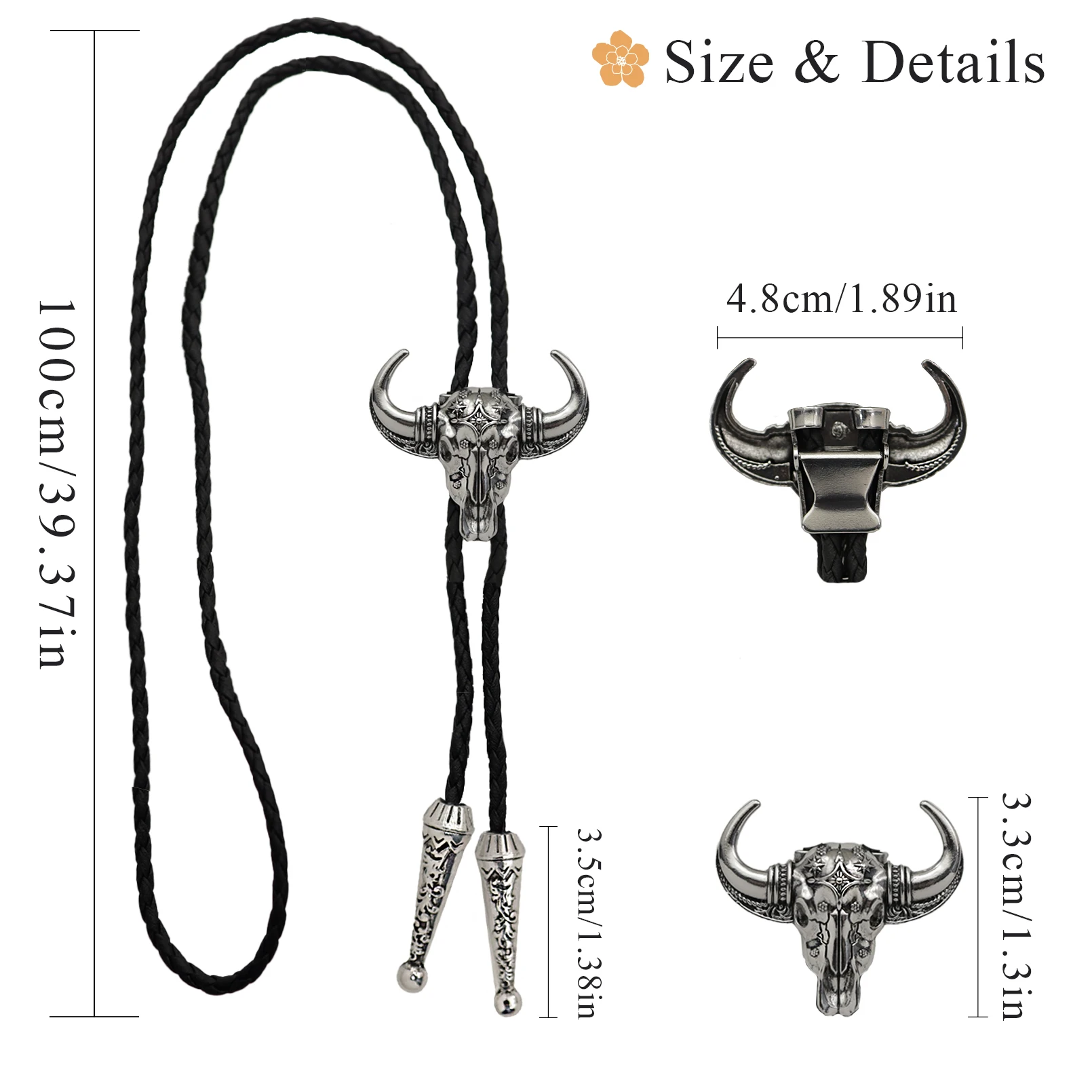 Herren Western Vintage Bolo Krawatte Kuh Totenkopf Design Schwarz Leder Seil Cowboy Krawatte mit Stierkopf Anhänger Schmuck Geschenk Unisex – Detail 11