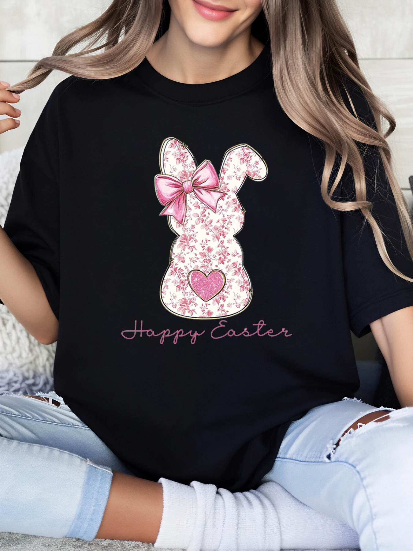 

Floral Bunny with Pink Bow and Heart Happy Easter t Shirt Women Spring Festival Casual Wear Black Plus-Size