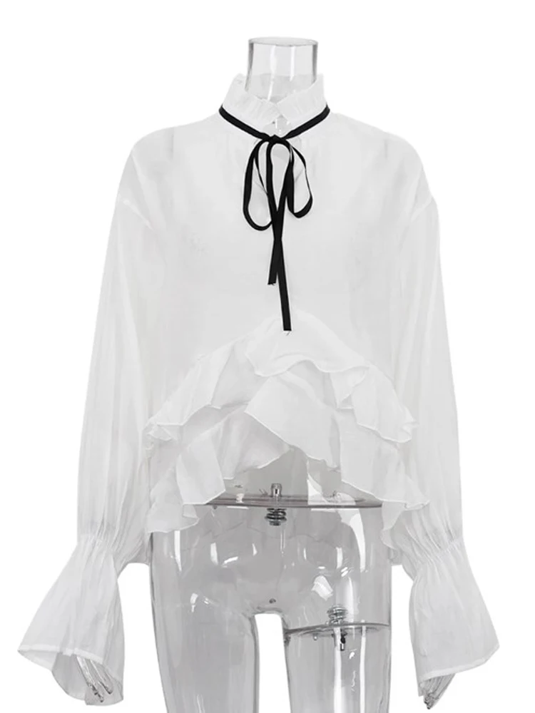 Camisa blanca holgada para mujer, Blusa de manga larga con cuello de volantes, Top transparente Sexy, ropa de gasa para mujer 2024