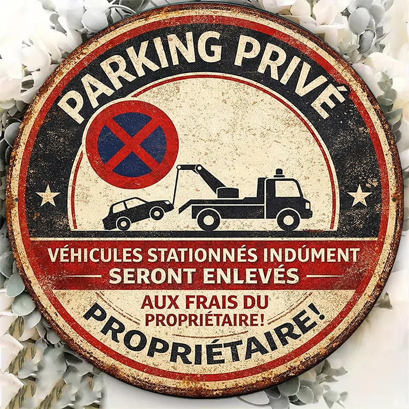 2D Metal Sign 8x8in Round Aluminum Parking Private Sign Retro No Parking Tow Away Decorative Plaque for Garage Bar Cafe Gift