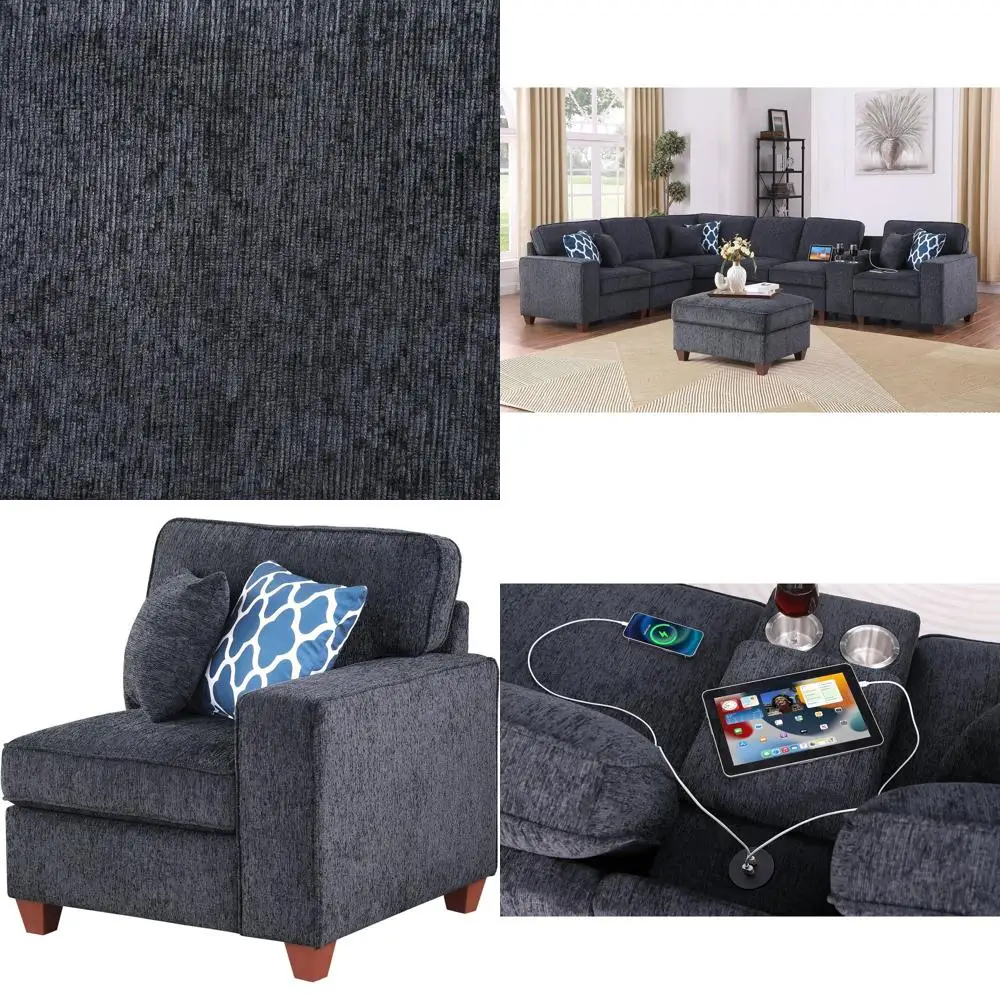 

Угловой диван-секционный гарнитур L-образной формы 127 с оттоманкой, 6 подушками, 7-местный, с обивкой из шенилла, подстаканниками, USB-портами и отсеками для хранения